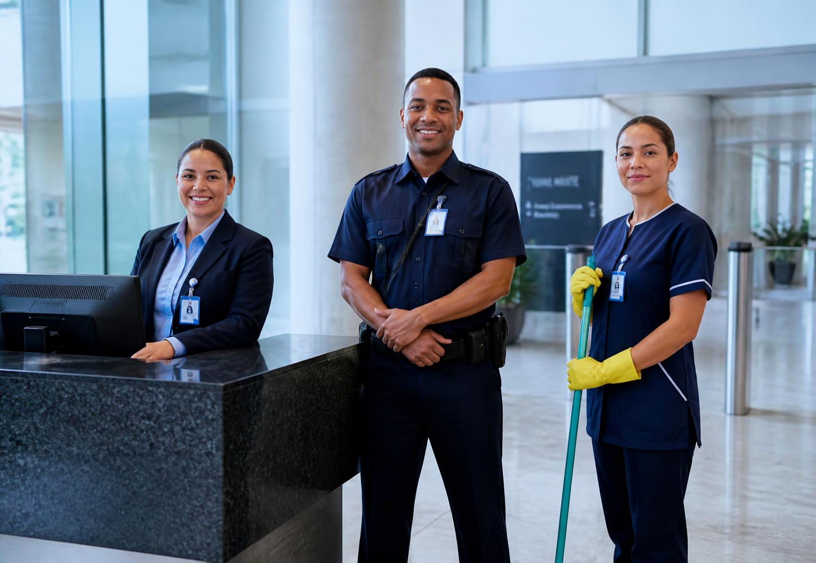 Equipe profissional da COOTSERGS em portaria de ambiente corporativo